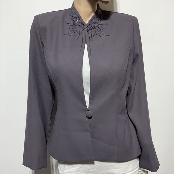 Karen Miller NEW YORK Formal Blazer Jacket Size 10 Gray Beaded Single Button NWT - Picture 2 of 10